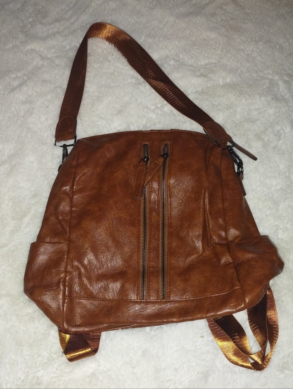 Women's Tan Faux-Leather Backpack with Front Zip Pockets